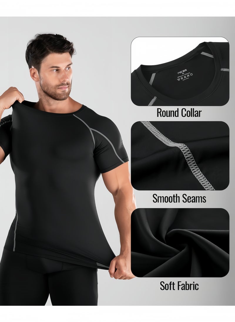 GGEROU Men’s Compression Shirts Short Sleeve and Athletic Running Shorts Set, Athletic Compression Tops, Quick Dry Workout Sets for Men and Boy  - Image 2