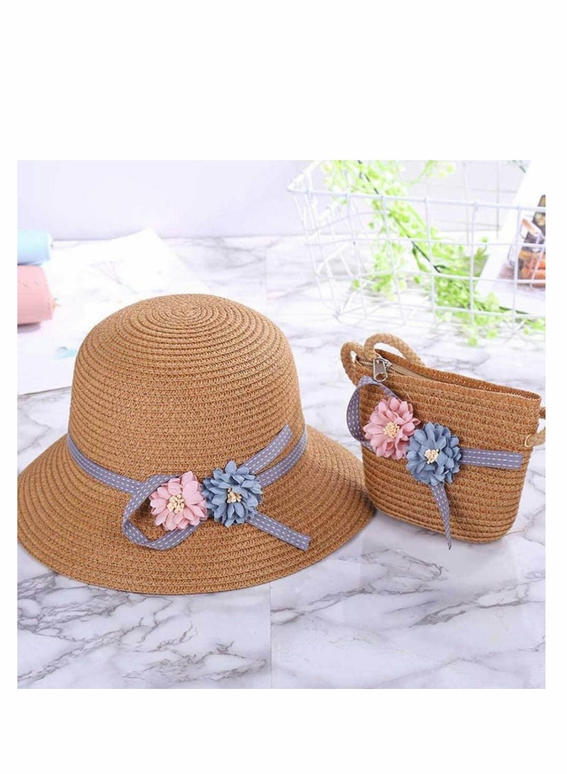 KASTWAVE Straw Hats Girls Kids Sun Hats Summer Beach Hats Straw Wide Brim Flower Sun Floppy Hats Beanie Cap with Woven Pocket for Outdoor Tea Party Gift, Khaki - Image 2