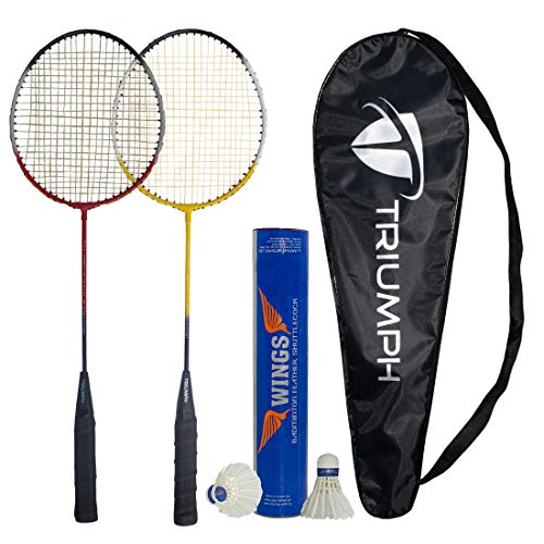 Triumph Carbon Fiber Frame and Wooden Badminton Racquet, Set- 2 Pc with 10 Pc Triumph Wings Feather Shuttlecock and Full Racket Cover to Carry Both Rackets, Perfect for Adults (Multicolour) - Image 1