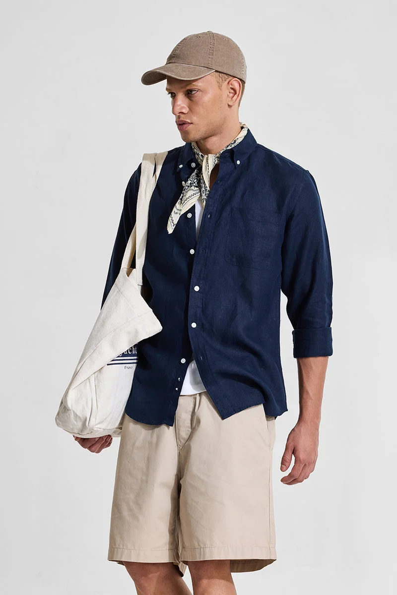 SNITCH Elementary Stone Blue Plain 100% Linen Shirt