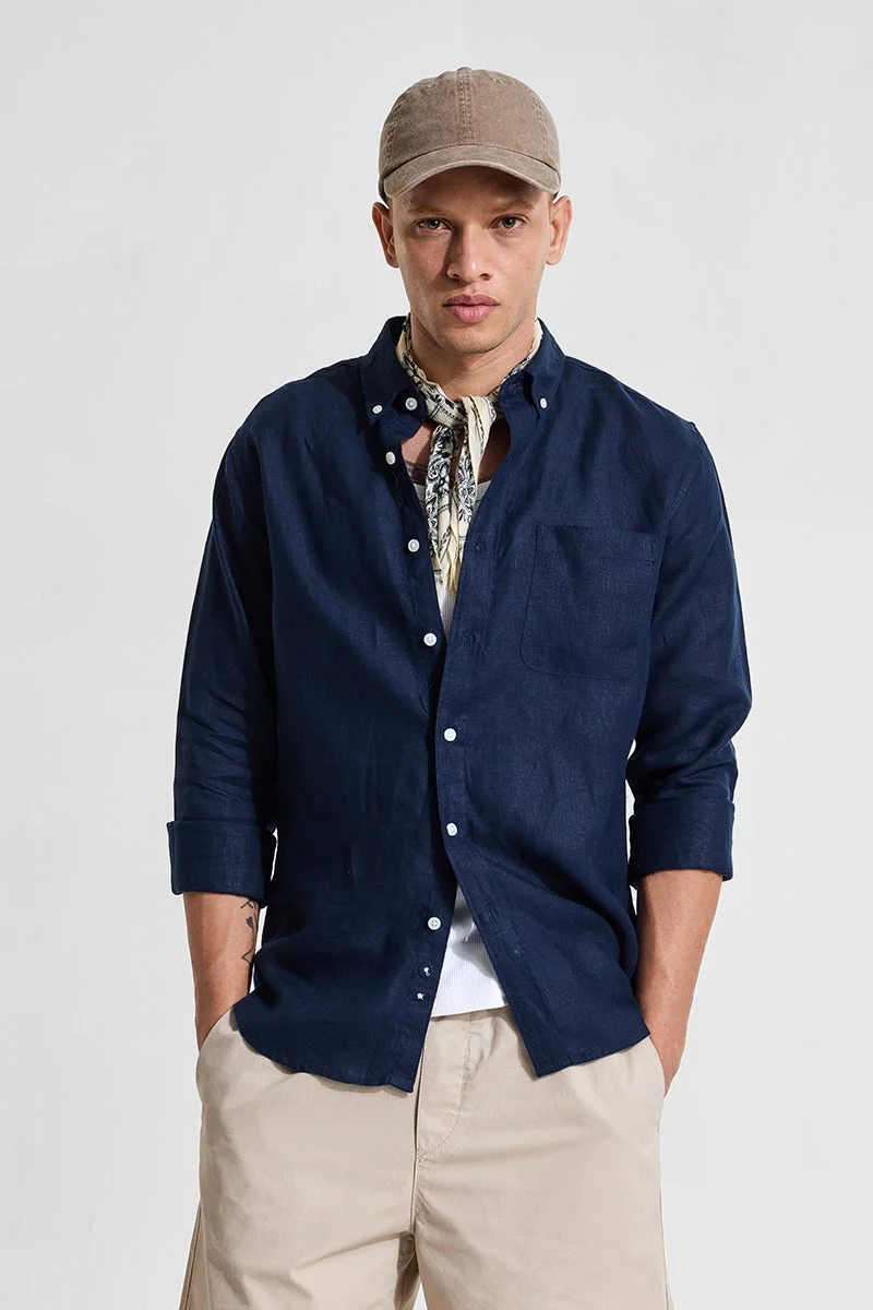 سنيتش قميص كتان أزرق سادة أساسي