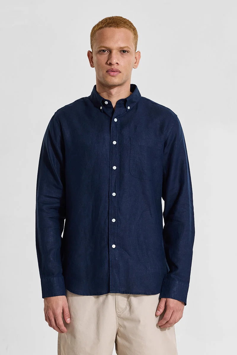 SNITCH Blue Elementary Stone Blue Plain 100% Linen Shirt for Men | Best Price UAE