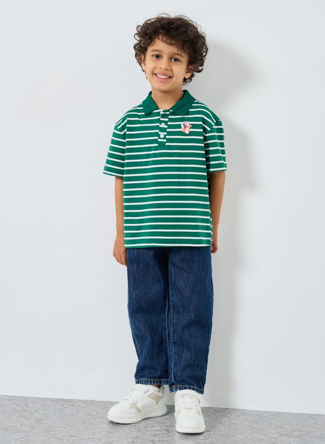 Styli Boys Dark Green Striped Polo T-Shirt - Image 2