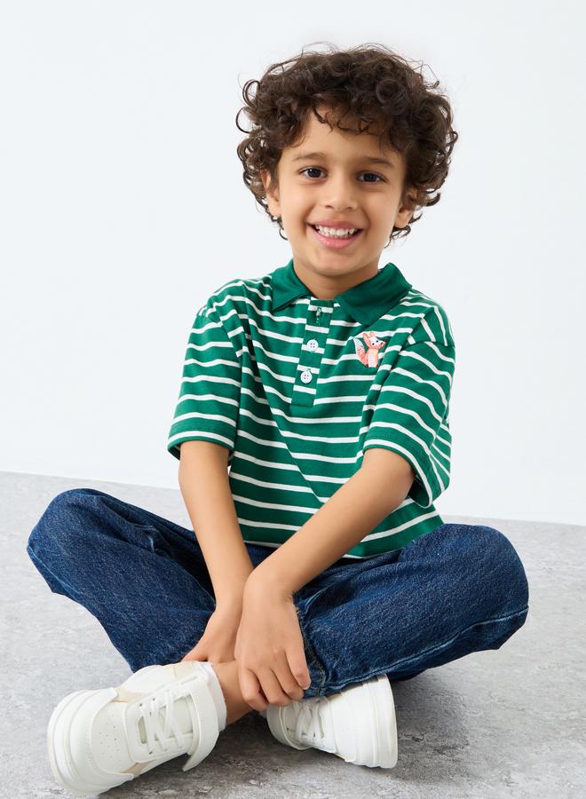 Styli Boys Dark Green Striped Polo T-Shirt - Image 1