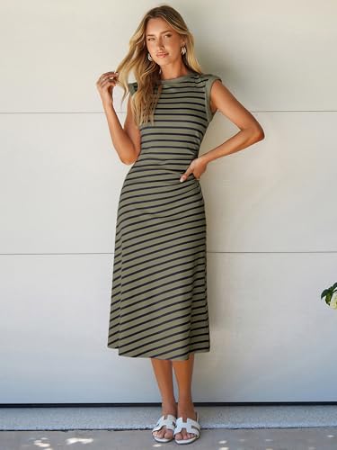 Glamaker Women Summer Tshirt Midi Dress Soft A Line Cap Sleeve Casual Sun Dress for Work Beach Vacation(Army Green S) - Image 3