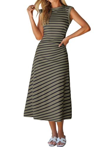 Glamaker Women Summer Tshirt Midi Dress Soft A Line Cap Sleeve Casual Sun Dress for Work Beach Vacation(Army Green S) - Image 1