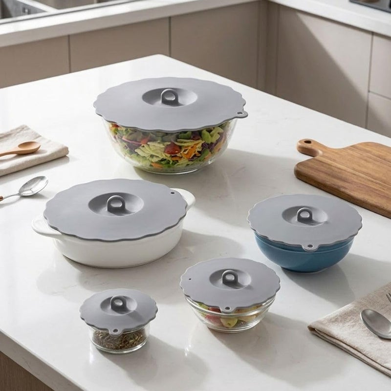 Silicone Food Vacuum Lids Set (5 Pieces, Multiple Sizes) - Reusable Lids - Microwave and Dishwasher Safe (Grey) - Image 1