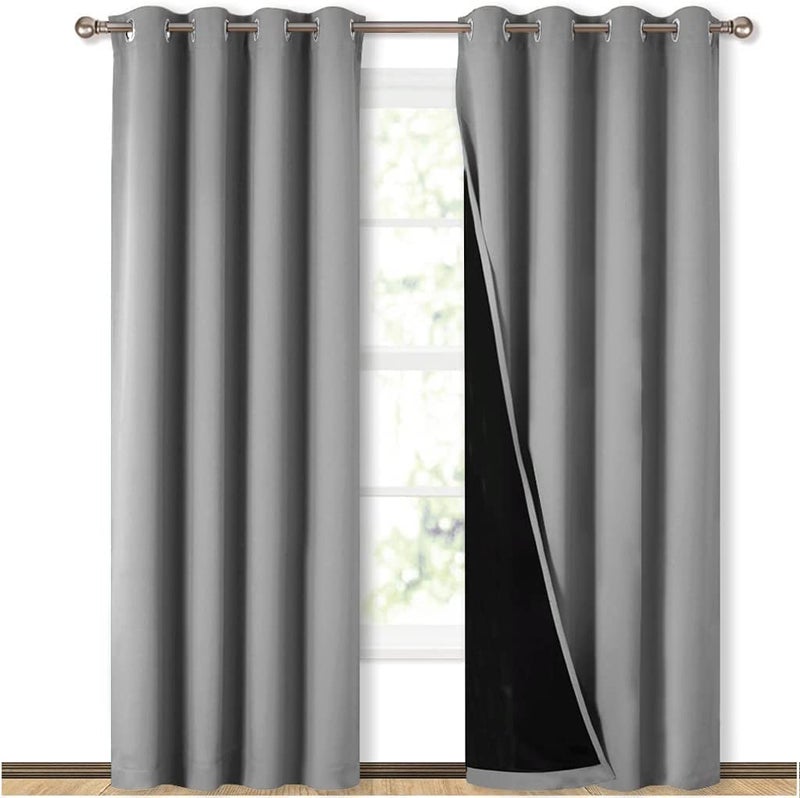 BFAM Store Thermal Insulated Ring 100 Blackout Curtain for Bedroom with Black Liner Double Layer Full Room Darkening Window and Door Noise reducing CurtainsRing pardaSold as 1 LGrey - Image 1