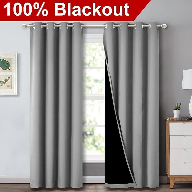 BFAM Store Thermal Insulated Ring 100 Blackout Curtain for Bedroom with Black Liner Double Layer Full Room Darkening Window and Door Noise reducing CurtainsRing pardaSold as 1 LGrey - Image 2