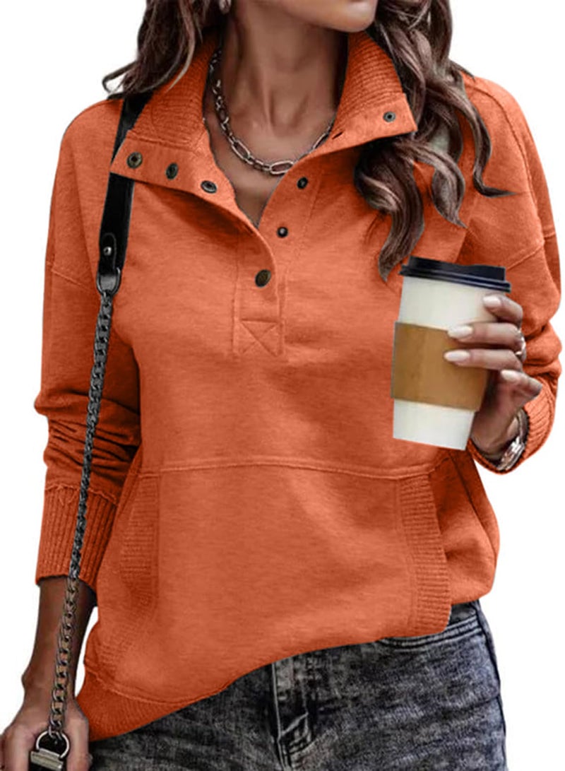 Shein SHEWIN Womens Sweatshirt Casual Long Sleeve Lightweight Sweatshirts Loose Button V Neck Pullover Tops Fall Clothes for Women 2025,US 12-14(L),Orange - Image 5