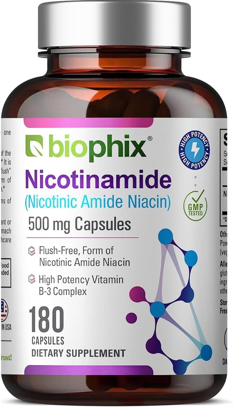 biophix B3 Nicotinamide 500 mg 180 Caps  Nicotinic Amide Niacin Natural FlushFree Vitamin Formula  Supports Skin Cell Health - Image 1