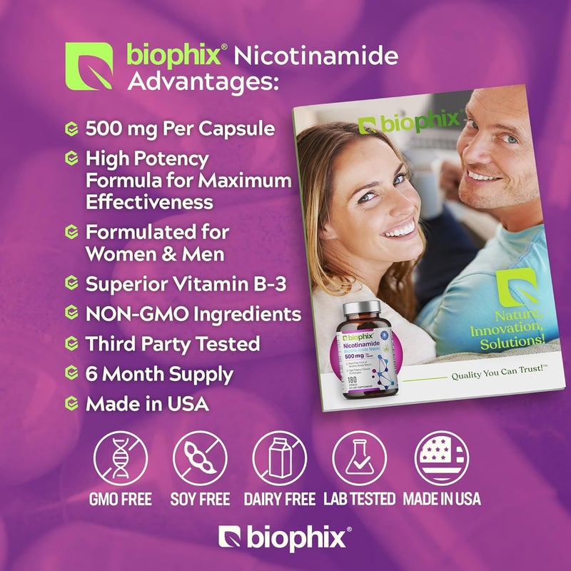biophix B3 Nicotinamide 500 mg 180 Caps  Nicotinic Amide Niacin Natural FlushFree Vitamin Formula  Supports Skin Cell Health - Image 3