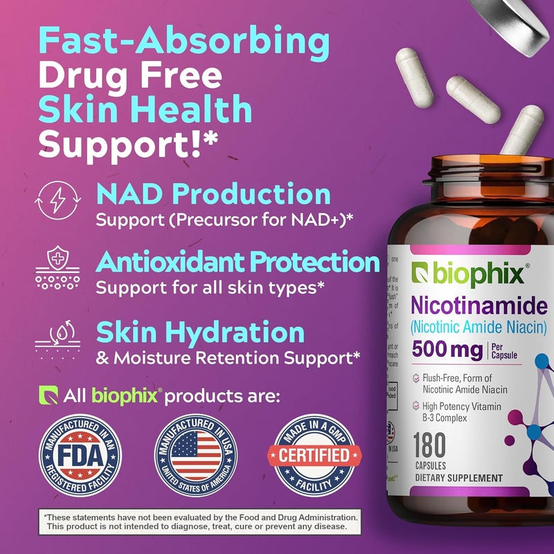biophix B3 Nicotinamide 500 mg 180 Caps  Nicotinic Amide Niacin Natural FlushFree Vitamin Formula  Supports Skin Cell Health - Image 5