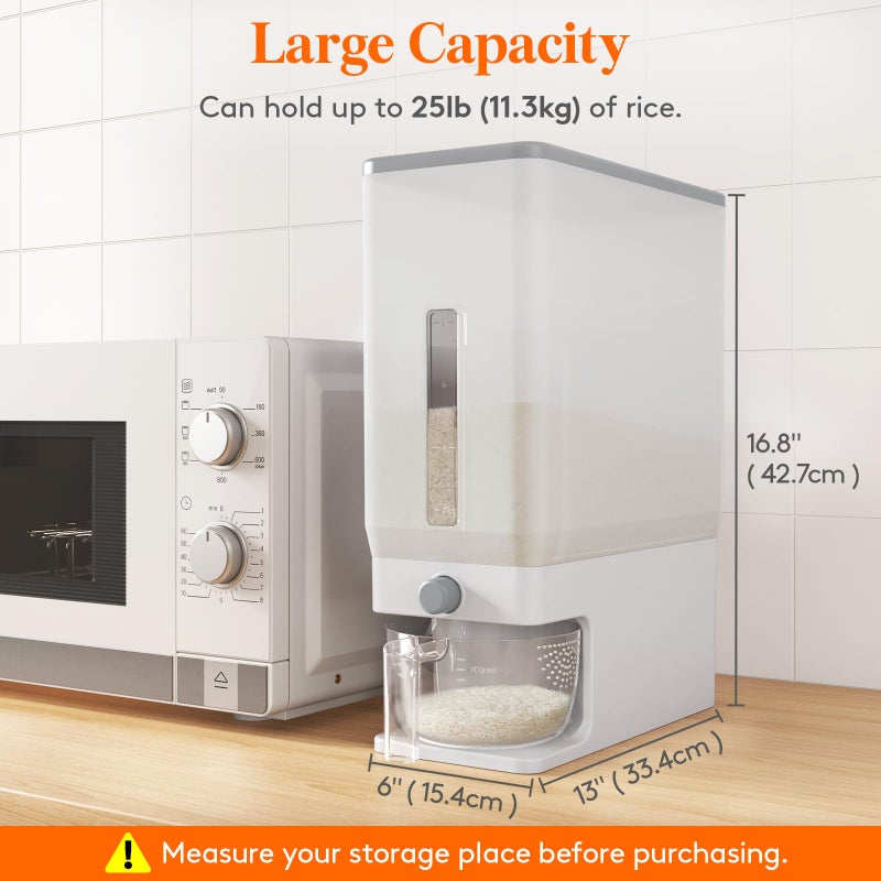 Lifewit Rice Dispenser 25 Lbs(11.3kg), Rice Storage Container Sealed Moisture Proof with Measuring Cup for Kitchen Pantry Household, BPA-Free, 1 Pack Clear - Image 3