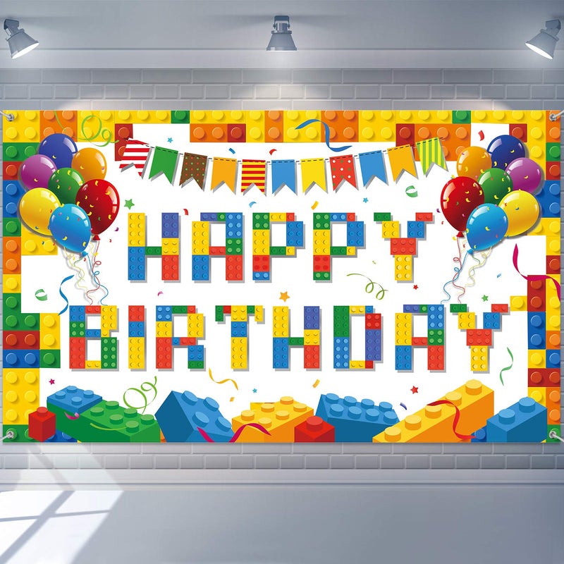 Tatuo Building Block Birthday Banner Building Blocks Party Backdrop Banner Photography Background for Birthday Party Decoration, 72.8 x 43.3 Inch - Image 1