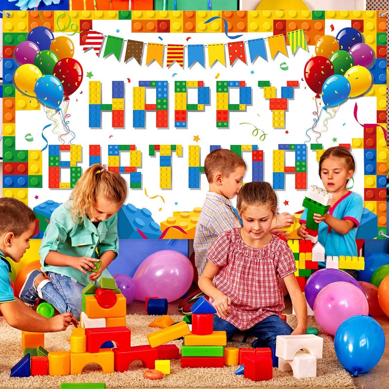 Tatuo Building Block Birthday Banner Building Blocks Party Backdrop Banner Photography Background for Birthday Party Decoration, 72.8 x 43.3 Inch - Image 5