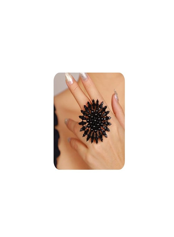 Xerling Elegant Floral Pure Black Pearl Statement Big Cocktail Rings for Women Boho Rings Aesthetic Rhinestone Finger Rings for Party Prom (Type A Black) - Image 1