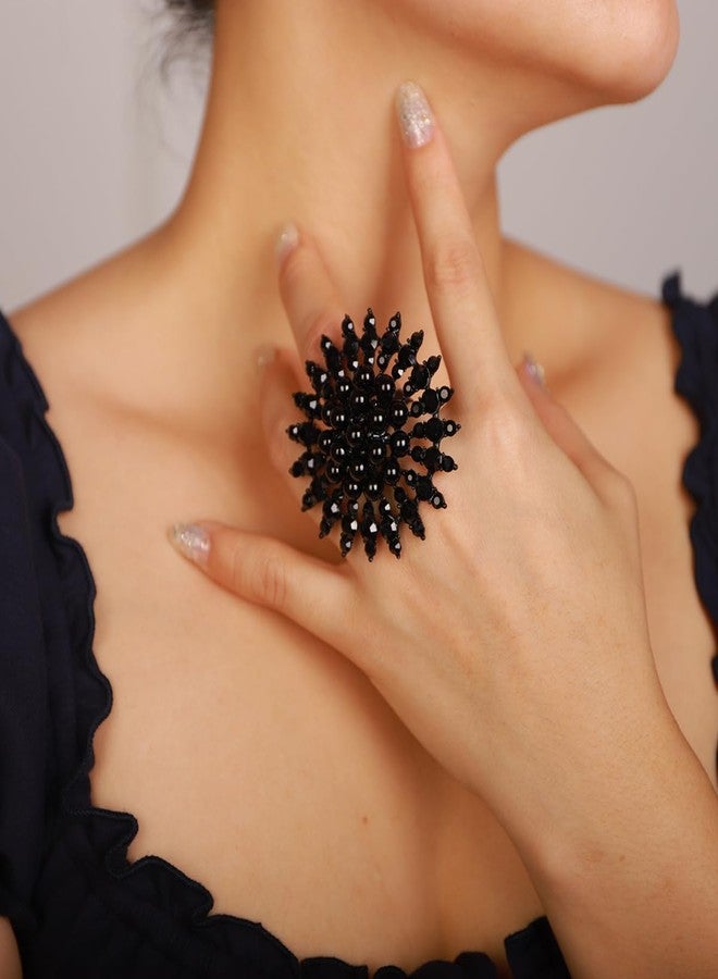 Xerling Elegant Floral Pure Black Pearl Statement Big Cocktail Rings for Women Boho Rings Aesthetic Rhinestone Finger Rings for Party Prom (Type A Black) - Image 3