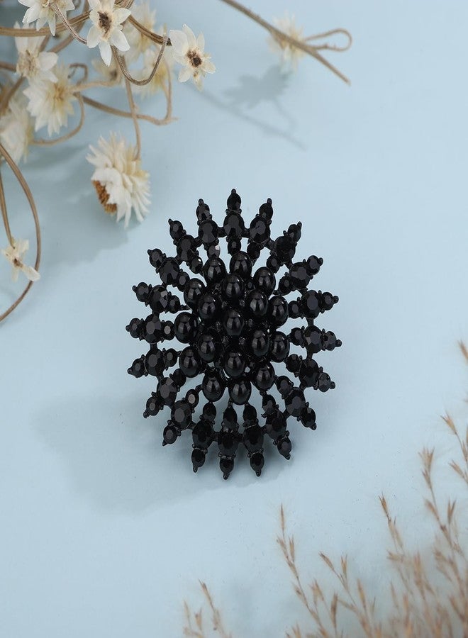 Xerling Elegant Floral Pure Black Pearl Statement Big Cocktail Rings for Women Boho Rings Aesthetic Rhinestone Finger Rings for Party Prom (Type A Black) - Image 4