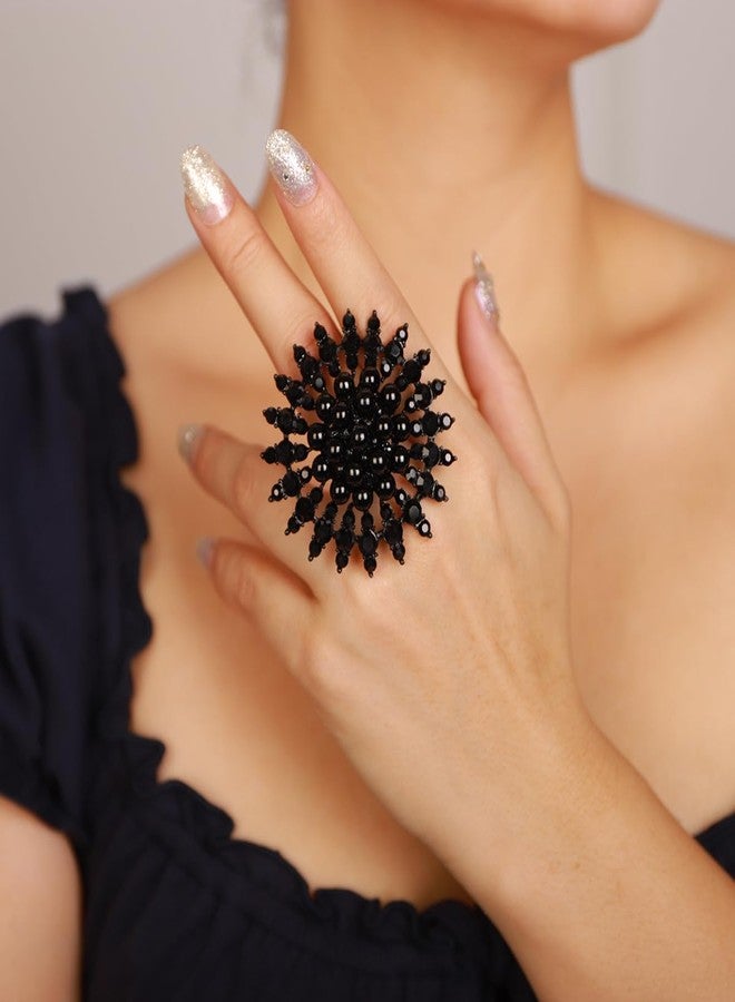 Xerling Elegant Floral Pure Black Pearl Statement Big Cocktail Rings for Women Boho Rings Aesthetic Rhinestone Finger Rings for Party Prom (Type A Black) - Image 2