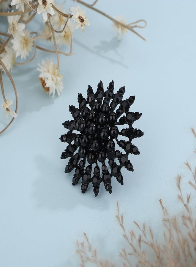 Xerling Elegant Floral Pure Black Pearl Statement Big Cocktail Rings for Women Boho Rings Aesthetic Rhinestone Finger Rings for Party Prom (Type A Black) - Image 5