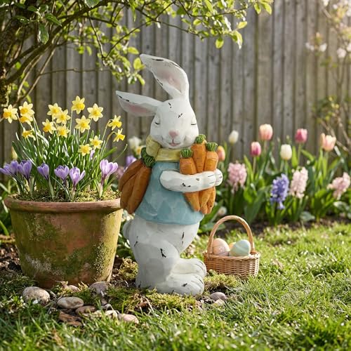 GoGnome Easter Decorations Bunny Resin Figurine with Carrots 93 HandPainted Rabbit Outdoor Statue Spring Farmhouse Garden Decor for Easter Mantel Shelf or Gift WhiteBlueOrange - Image 1