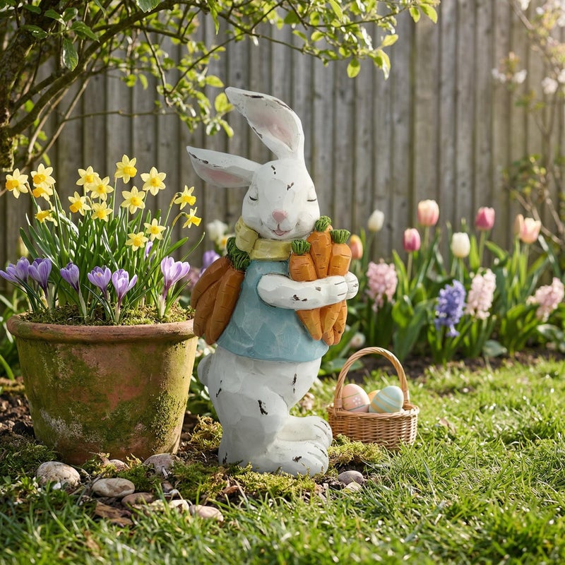 GoGnome Easter Decorations Bunny Resin Figurine with Carrots 93 HandPainted Rabbit Outdoor Statue Spring Farmhouse Garden Decor for Easter Mantel Shelf or Gift WhiteBlueOrange - Image 2