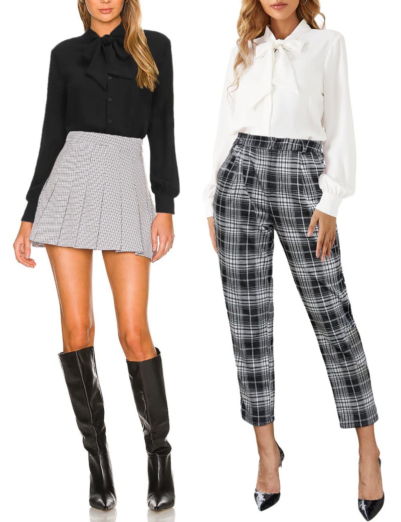 Kate Kasin White Button Down Collared Shirt Women Long Sleeve Bodysuit Bow Tie Blouse Dressy Casual Fall Tops 2025 S - Image 2