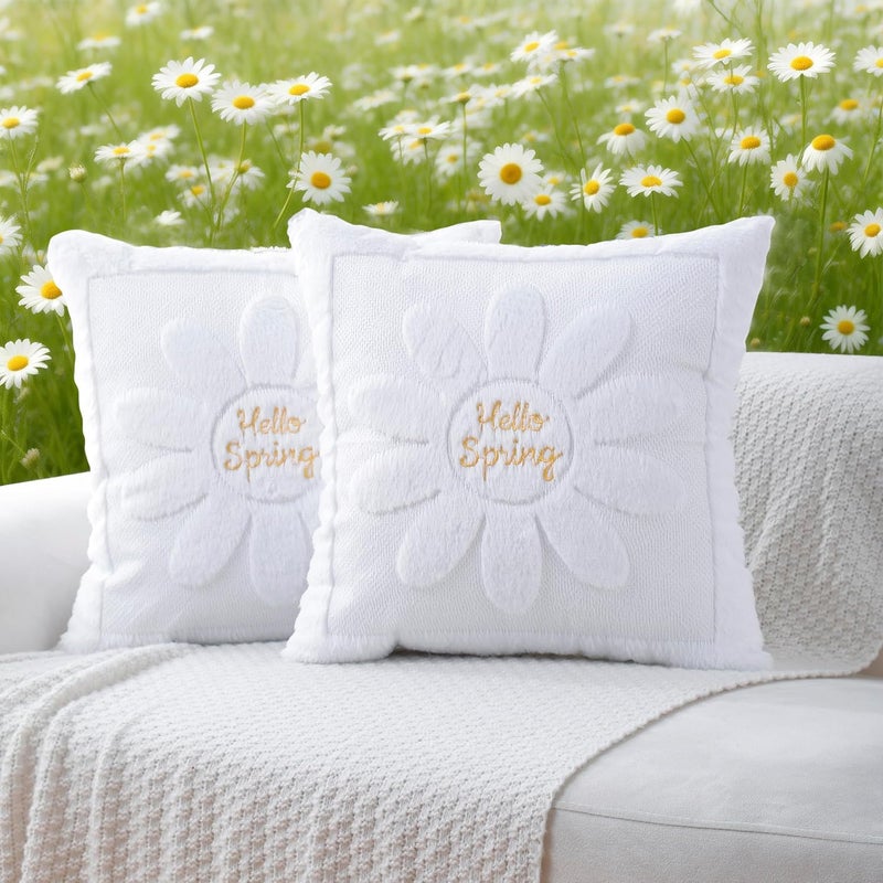 VAKADO Spring Summmer Decorative Throw Pillow Covers 18x18 Set of 2 Sunflower White Couch Daisies Rhomboid Plush Velvet Square Cushion Cases Home Decor Gift for Sofa - Image 1