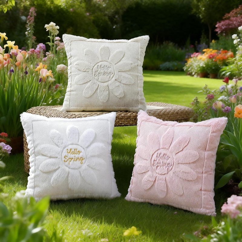 VAKADO Spring Summmer Decorative Throw Pillow Covers 18x18 Set of 2 Sunflower White Couch Daisies Rhomboid Plush Velvet Square Cushion Cases Home Decor Gift for Sofa - Image 4