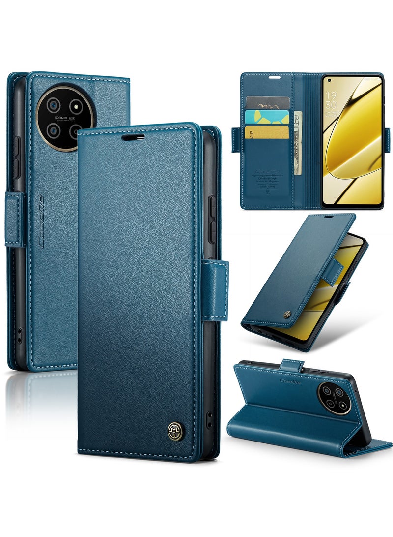 CaseMe Phone Case Luxury PU Leather Design Anti Fingerprint 023 Flip Cover Card Slot Holder Cover For Realme 11 4G (Blue) - Image 1