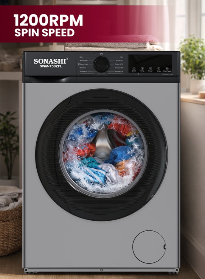 SONASHI 7.5kg Automatic Front Loading Washing Machine - 1200 RPM, 11 Wash Programs with LED Display, Honeycomb Crystal S/S Drum, Midway Add Clothes, Child Lock & Power-Off Memory, Unbalance Protection, 1600W, 220-240V SWM-7502FL 7.5 kg 1600 W SWM-7502FL grey - Image 5