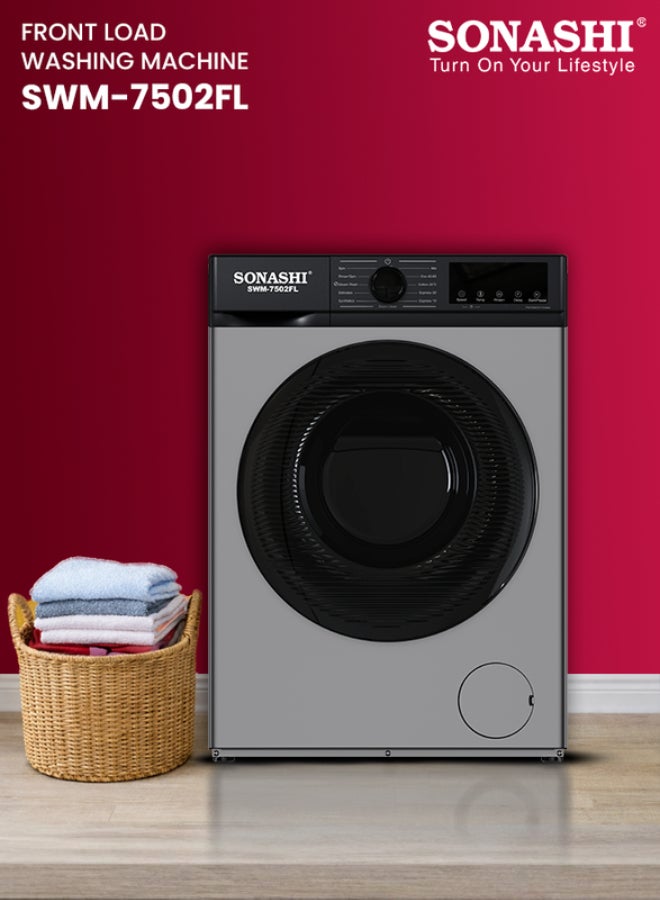 7.5kg Automatic Front Loading Washing Machine - 1200 RPM, 11 Wash Programs with LED Display, Honeycomb Crystal S/S Drum, Midway Add Clothes, Child Lock & Power-Off Memory, Unbalance Protection, 1600W, 220-240V SWM-7502FL 7.5 kg 1600 W SWM-7502FL grey