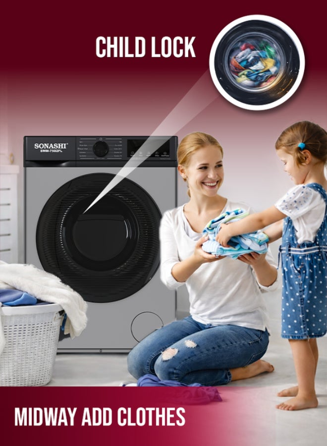 SONASHI 7.5kg Automatic Front Loading Washing Machine - 1200 RPM, 11 Wash Programs with LED Display, Honeycomb Crystal S/S Drum, Midway Add Clothes, Child Lock & Power-Off Memory, Unbalance Protection, 1600W, 220-240V SWM-7502FL 7.5 kg 1600 W SWM-7502FL grey - Image 3