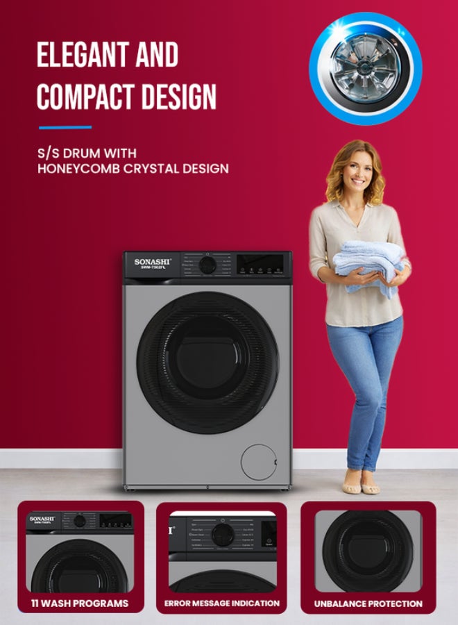 SONASHI 7.5kg Automatic Front Loading Washing Machine - 1200 RPM, 11 Wash Programs with LED Display, Honeycomb Crystal S/S Drum, Midway Add Clothes, Child Lock & Power-Off Memory, Unbalance Protection, 1600W, 220-240V SWM-7502FL 7.5 kg 1600 W SWM-7502FL grey - Image 2