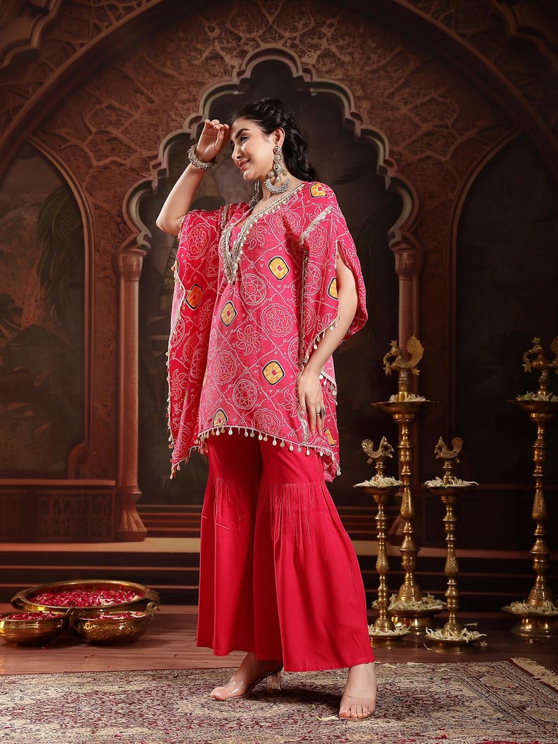 Stylum Women's Pink Bandhej Printed Crepe Kaftan Sharara Set - Image 3