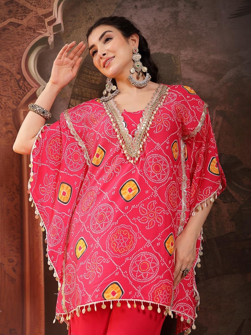 Stylum Women's Pink Bandhej Printed Crepe Kaftan Sharara Set - Image 5