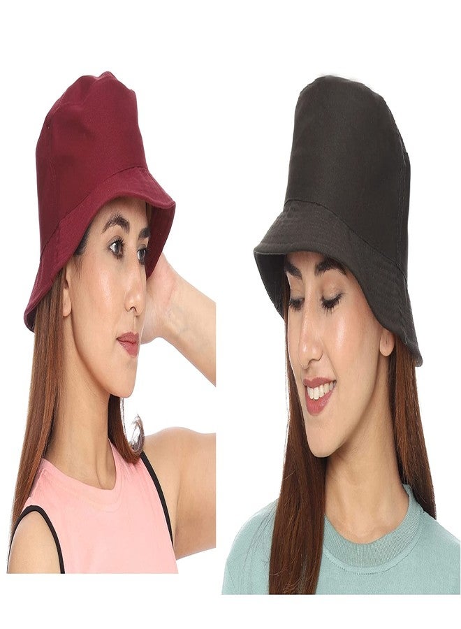 PrimeBox Unisex 100% Cotton Foldable Bucket Beach Sun Hat for Men Women Hat (Black Maroon) - Image 1