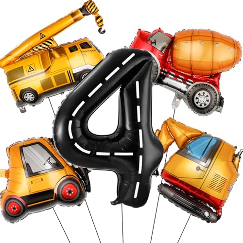 Tagberoy Construction Birthday Decorations 4 Year Old Large Construction Balloons 40Inch Racetrack Black Number 4 Balloons Construction Truck Foil Balloons for Boys 4th Construction Birthday Party Supplies - Image 1