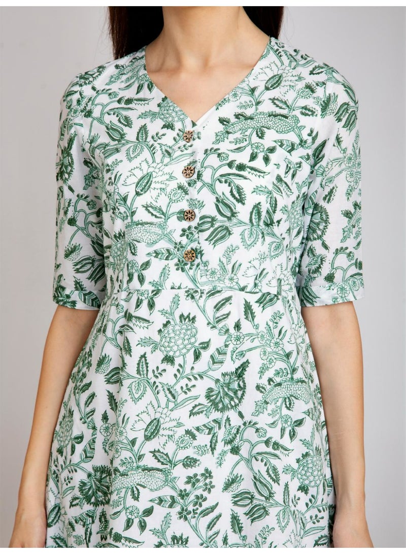 White Botanical Hand Block Print Waisted Midi Dress - 100% Cotton V-Neck Half Sleeve - Image 5