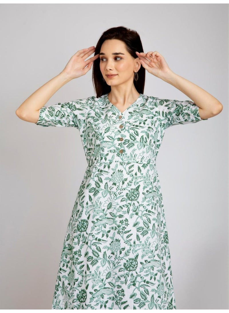 White Botanical Hand Block Print Waisted Midi Dress - 100% Cotton V-Neck Half Sleeve - Image 4