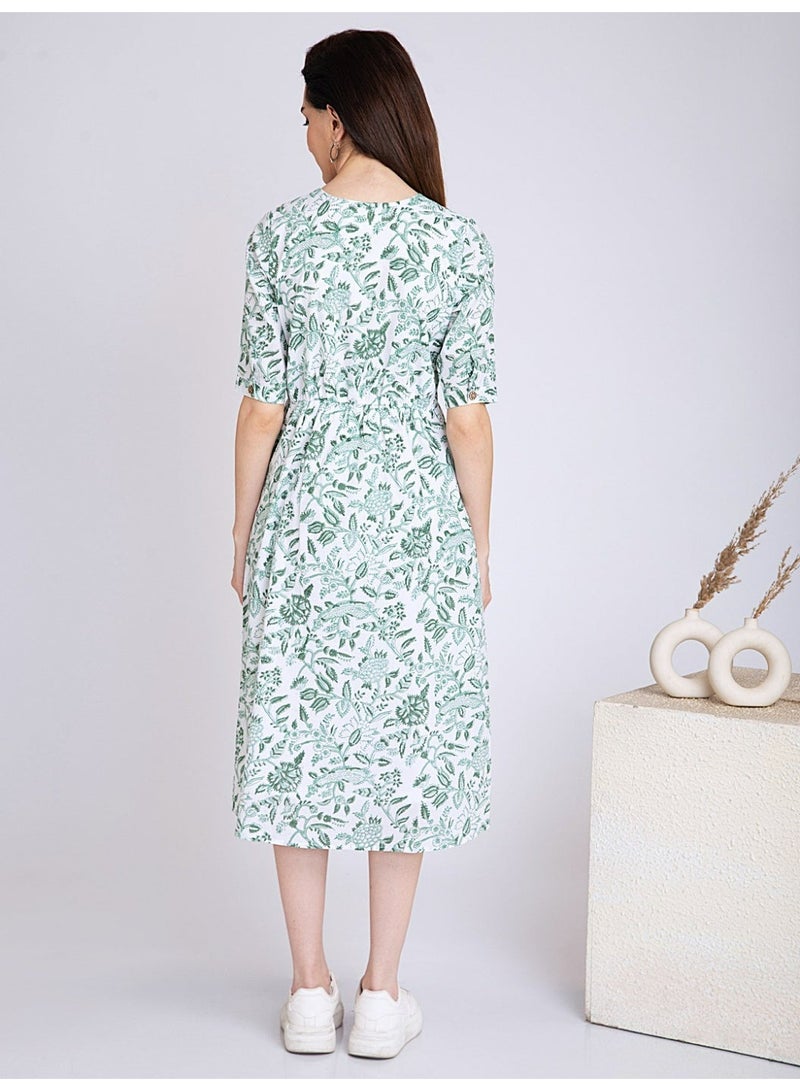 White Botanical Hand Block Print Waisted Midi Dress - 100% Cotton V-Neck Half Sleeve - Image 2