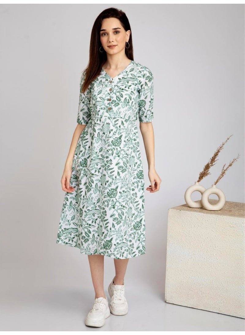 White Botanical Hand Block Print Waisted Midi Dress - 100% Cotton V-Neck Half Sleeve - Image 1