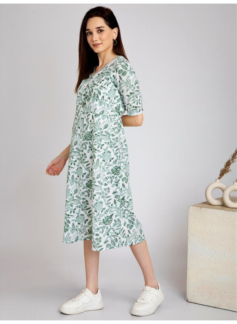 White Botanical Hand Block Print Waisted Midi Dress - 100% Cotton V-Neck Half Sleeve - Image 3
