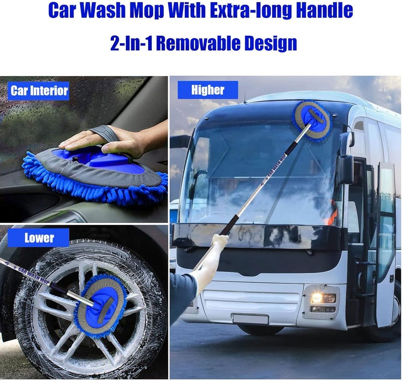 GreatCool 160cm 62" Car Wash Brush Kit With Long Handle, 2 in 1 Blue Chenille Microfiber Car Wash Mop Cleaning Mitt for Truck SUV Cars RV Caravans and Household Clean, Scratch Free(2 x Mop Head) - Image 3