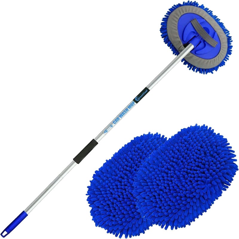 GreatCool 160cm 62" Car Wash Brush Kit With Long Handle, 2 in 1 Blue Chenille Microfiber Car Wash Mop Cleaning Mitt for Truck SUV Cars RV Caravans and Household Clean, Scratch Free(2 x Mop Head) - Image 1