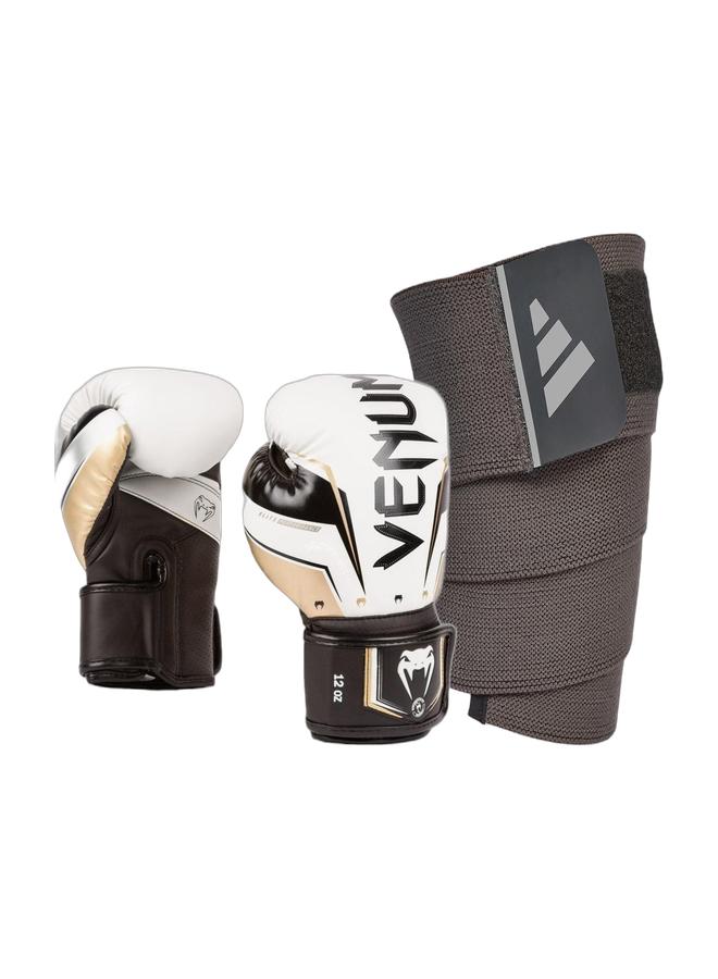 VENUM Elite Evo Boxing Gloves Wht Gld & Universal Support Wrap Long Combo - Image 1