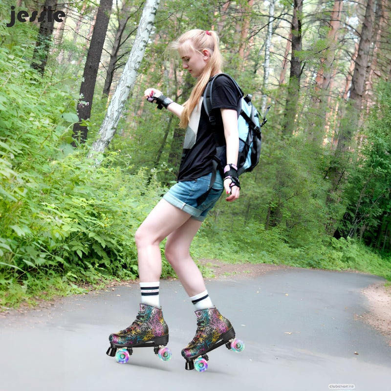 Jessie Womens Roller Skates Classic High-top Roller Skates Four-Wheel Roller Skates Shiny Camouflage Roller Skates for Adult Youth Boys Girls Outdoor with Shoes Bag (Black camo,44-US:11) - Image 4