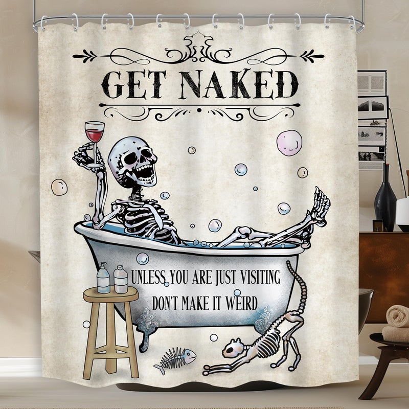 Mitpok Halloween Funny Skull Skeleton Shower Curtain 60Wx72H Gothic Spooky Unique Cool Bone in Bathtub Bubbles Horror Cat Fish Retro Scary Bathroom Decor Bath Curtain Fabric Polyester 12 Pack Hooks - Image 1
