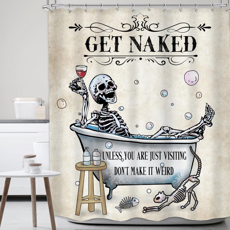 Mitpok Halloween Funny Skull Skeleton Shower Curtain 60Wx72H Gothic Spooky Unique Cool Bone in Bathtub Bubbles Horror Cat Fish Retro Scary Bathroom Decor Bath Curtain Fabric Polyester 12 Pack Hooks - Image 2